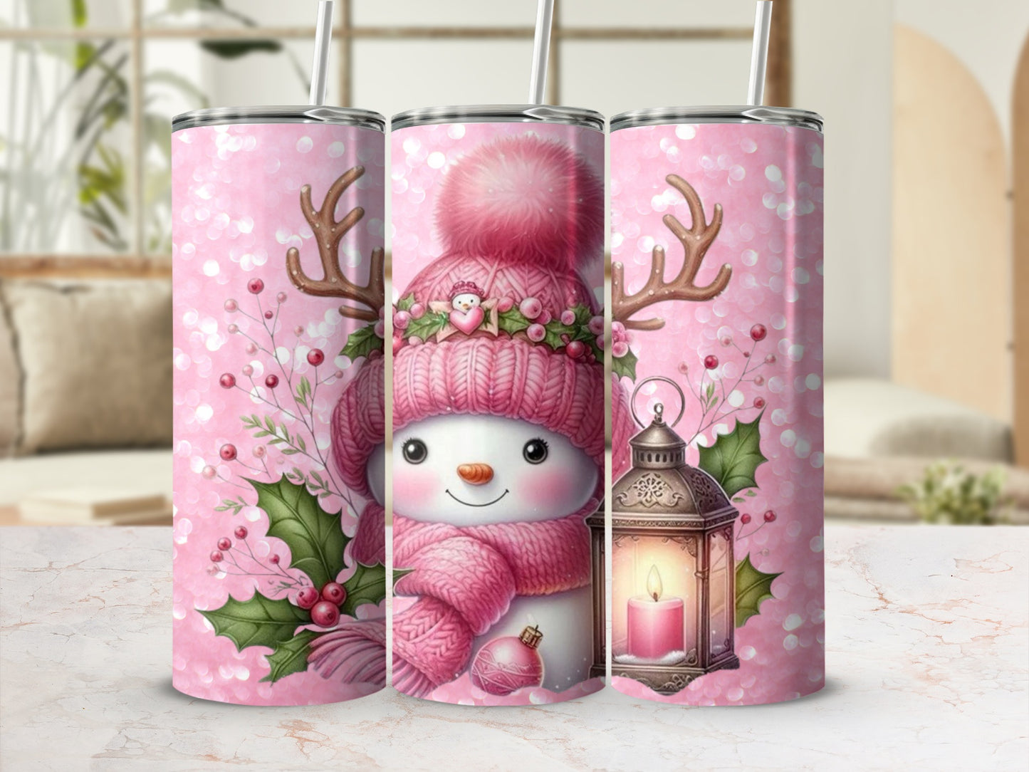 Cute Snowman in Pink Hat and Scarf Tumbler