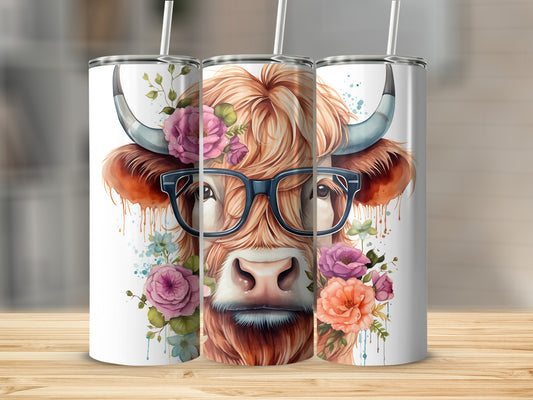 Tattooed highland cow wearing glasses with floral accents, on a tumbler.