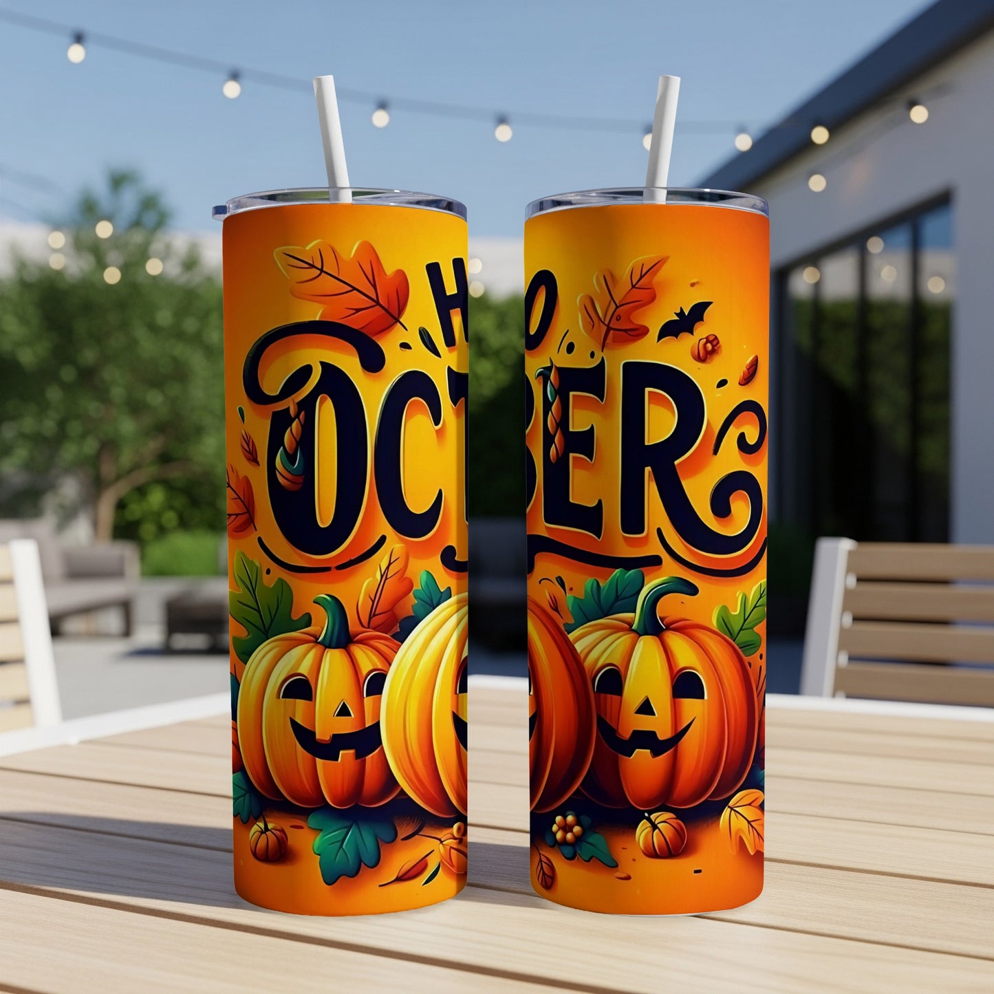 Two tumblers with "Hello October" and Halloween pumpkin design.