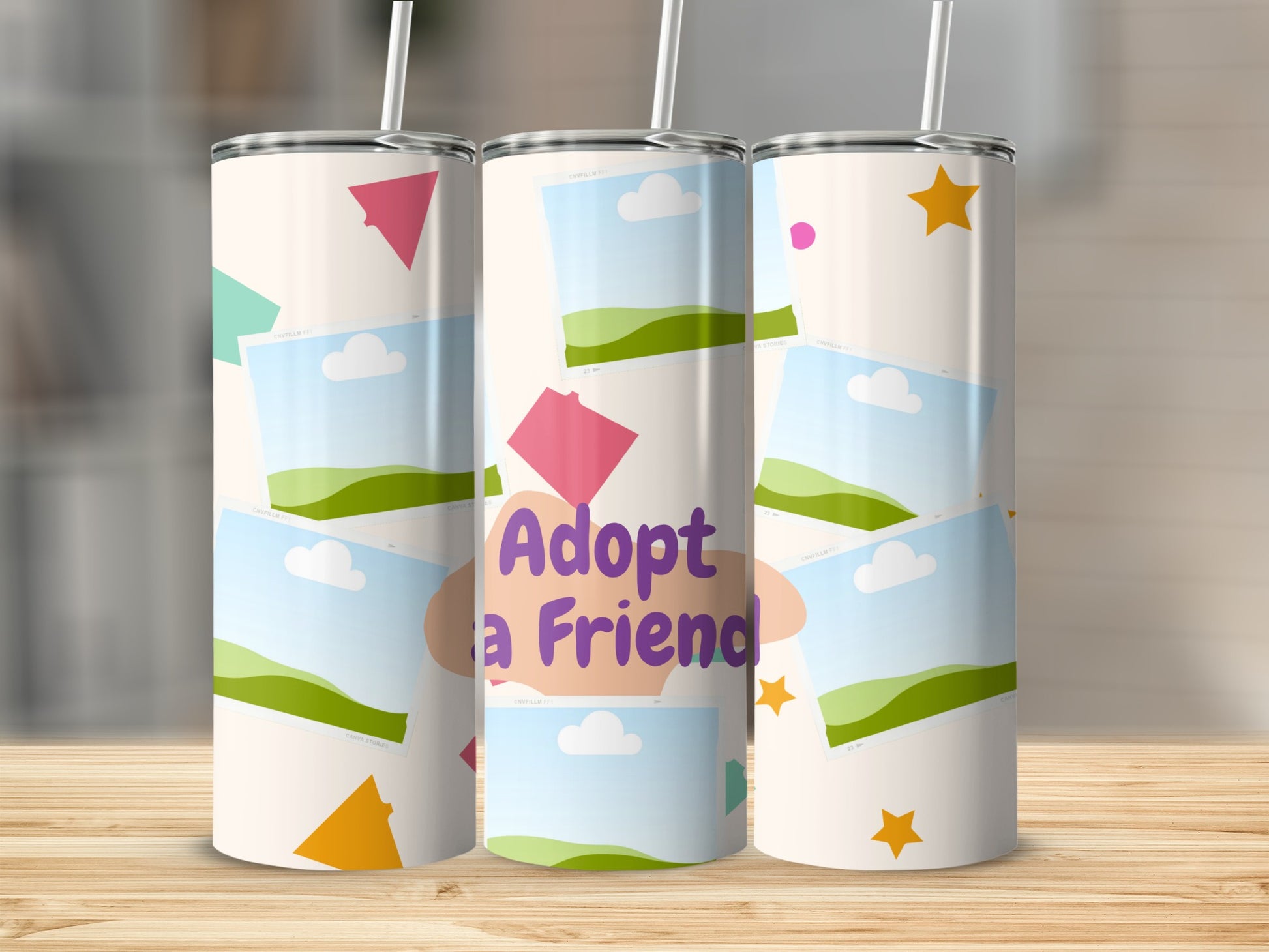 Tumblers with "Adopt a Friend" text, photo frames, and colorful shapes on a light background.