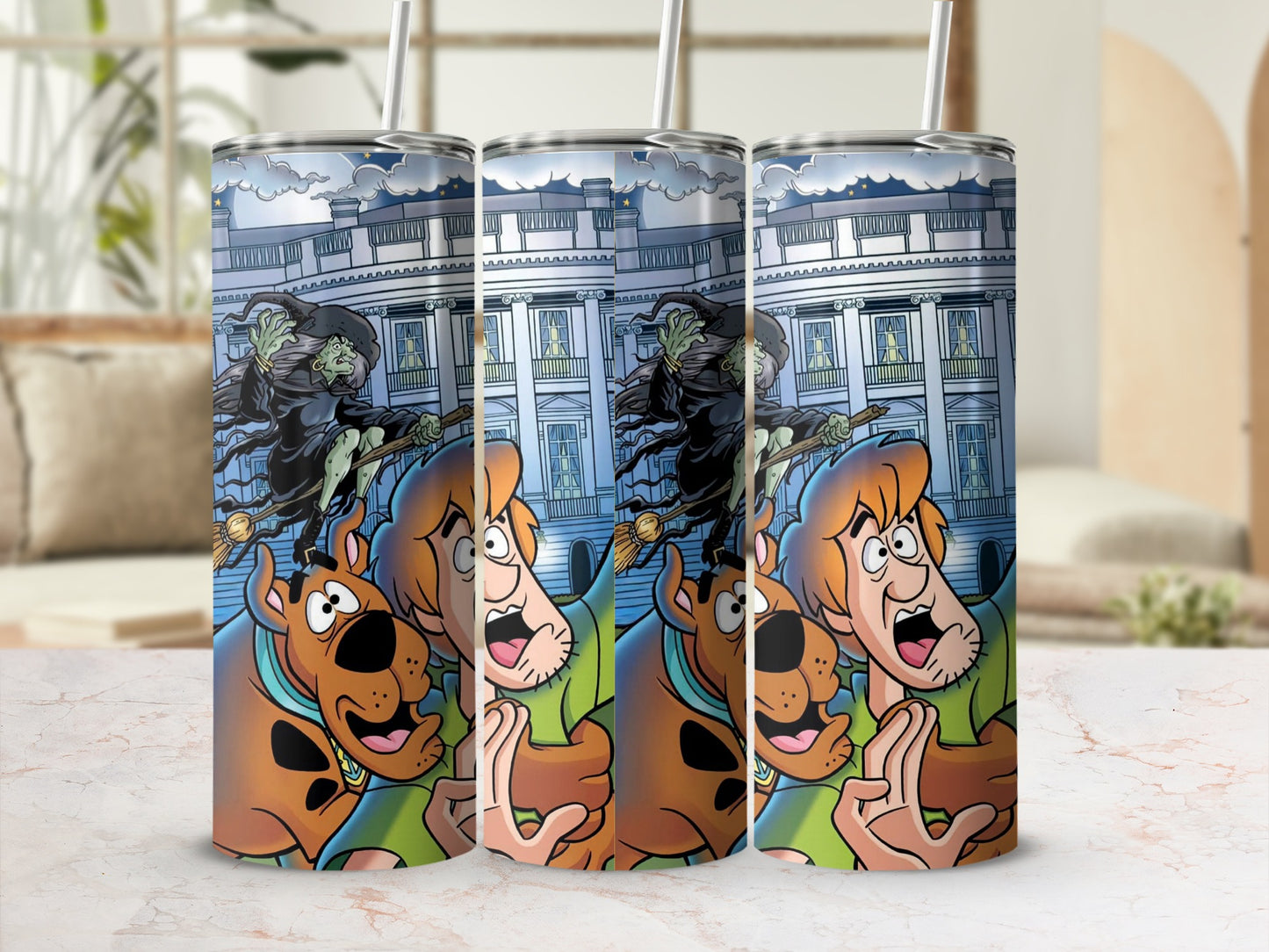 Cartoon Characters and Haunted House Design Tumbler