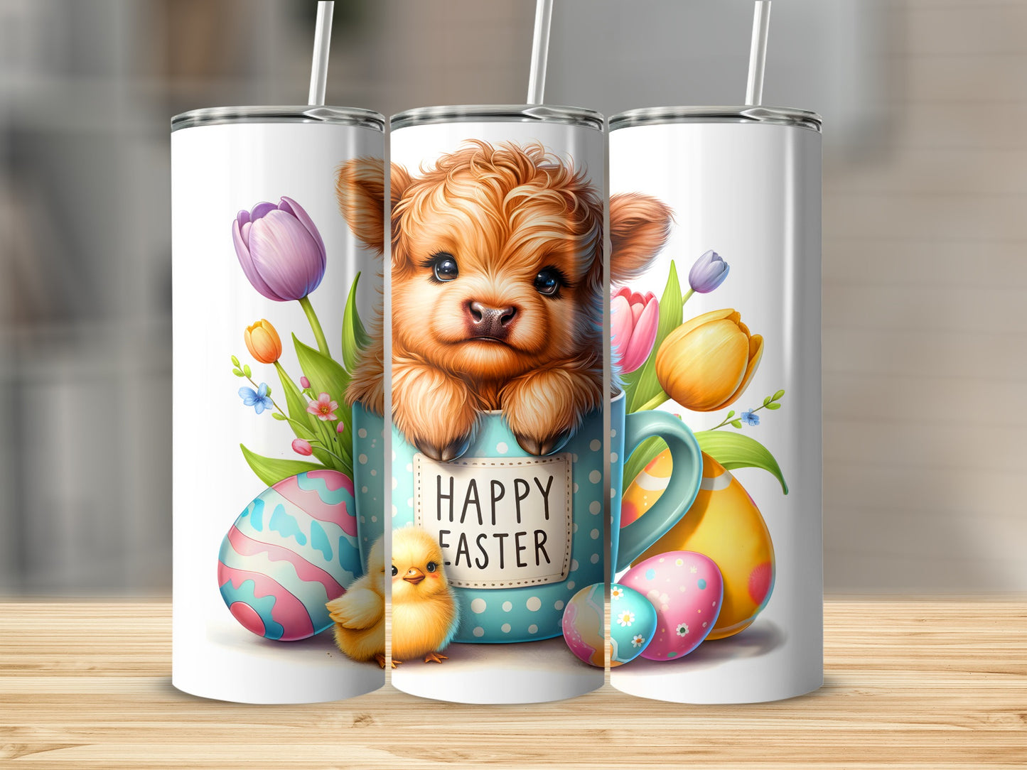 Fluffy calf peeking from a mug with Easter eggs and chicks.