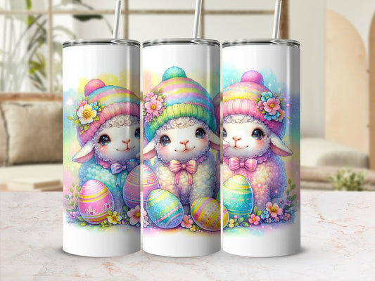 Three smiling sheep with colorful Easter eggs and floral decorations.
