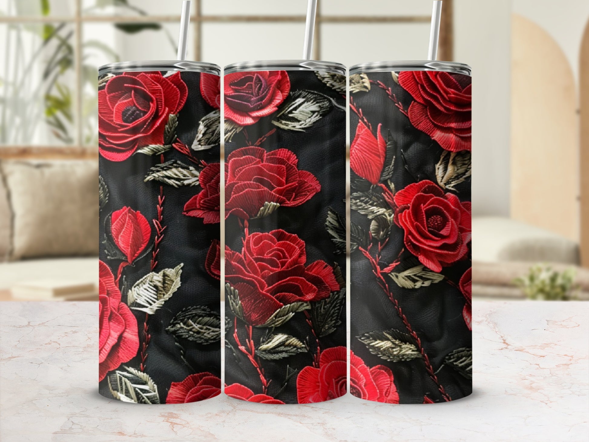 Red roses with green leaves on a black textured background.
