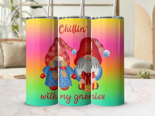 Two gnomes with "Chillin' with my gnomies" text on a colorful background.