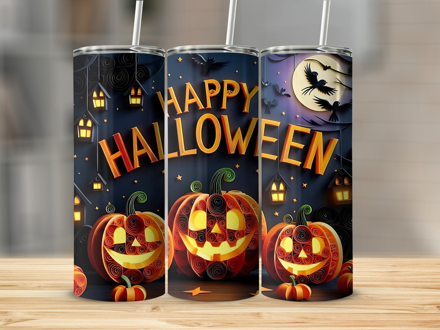 Three tumblers with "Happy Halloween" text featuring pumpkins, spooky houses, and birds under a moon.