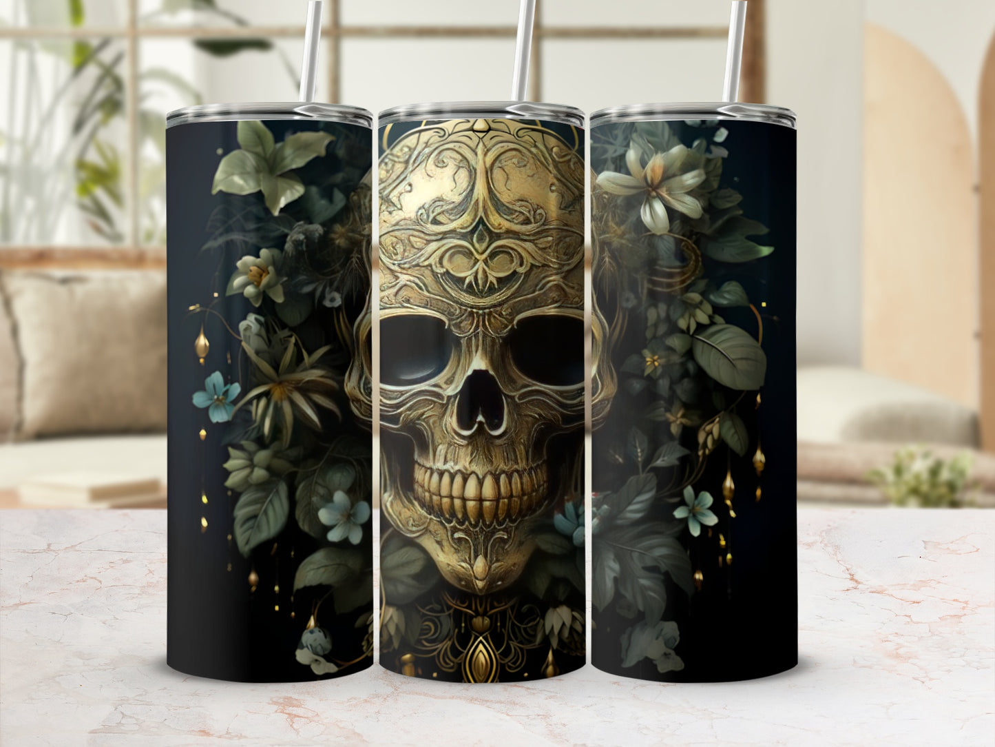 Gold ornate skull surrounded by dark foliage and light blue flowers.