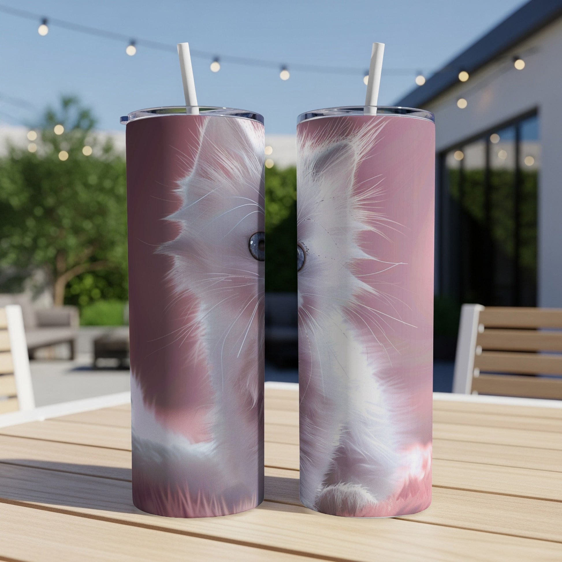 Two pink tumblers with fluffy white cat face graphic.