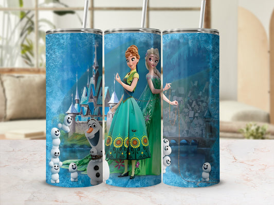 Elsa and Anna from Frozen with Olaf on a blue sparkly tumbler.