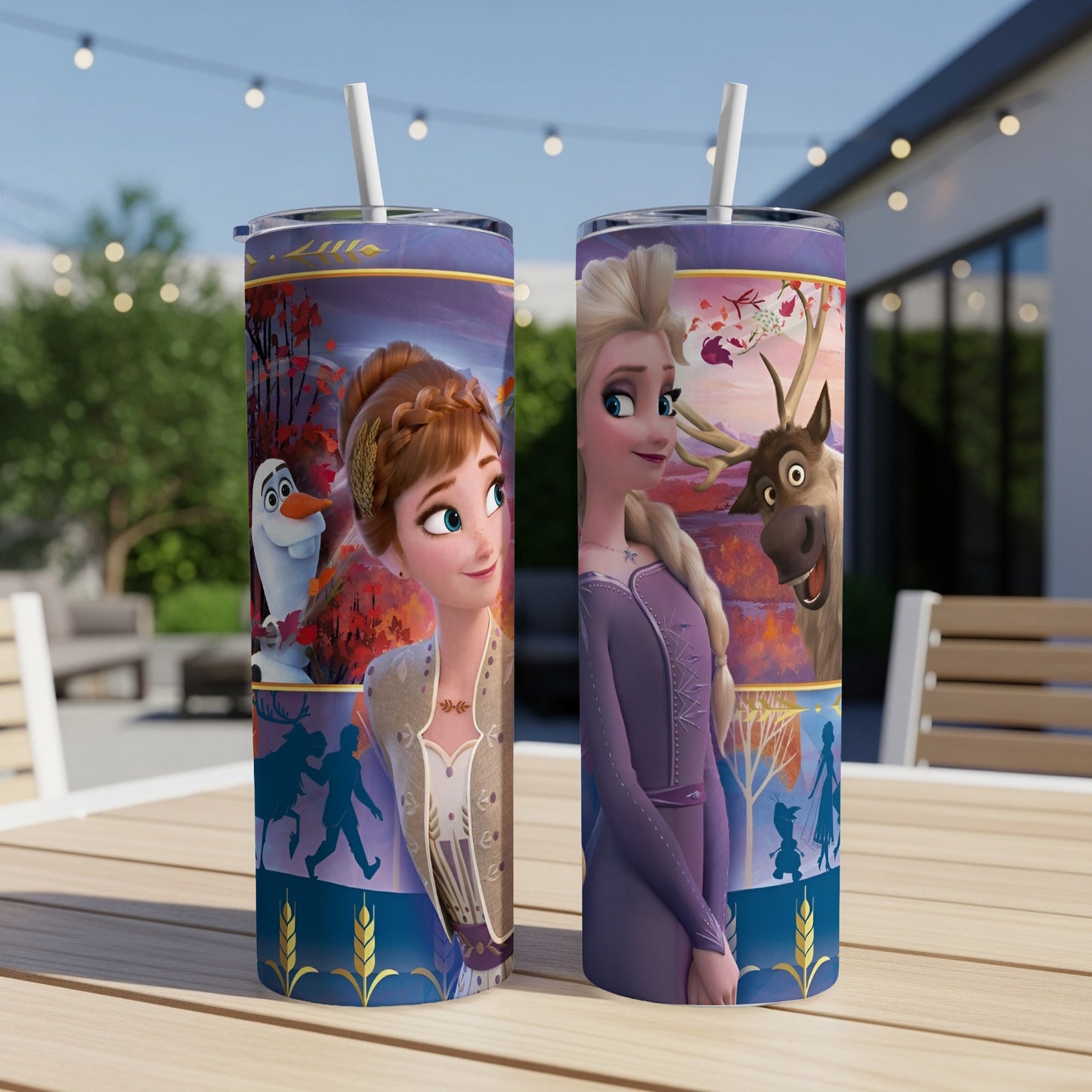 Anna and Elsa from Frozen on purple tumblers, with a light blue background.