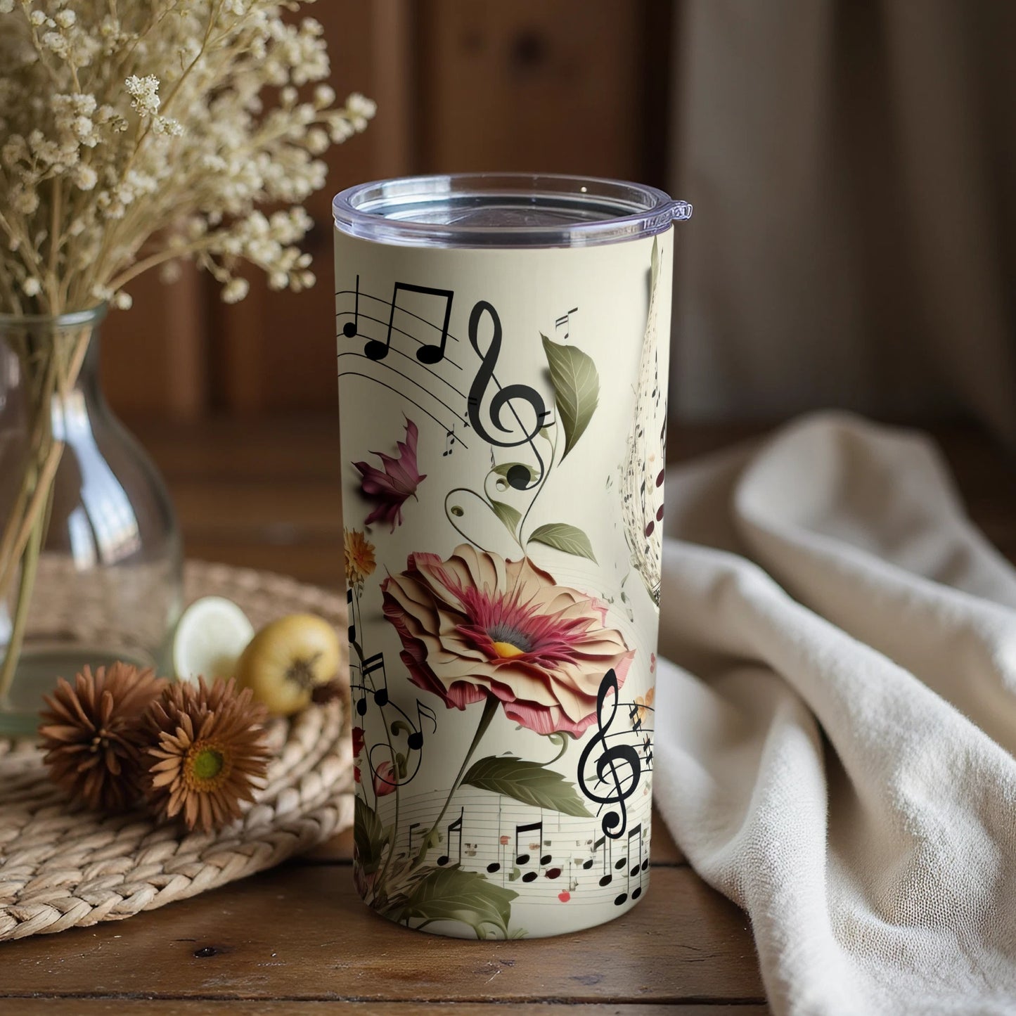 Floral Notes Musical Theme Design Tumbler Cup Holiday Gift