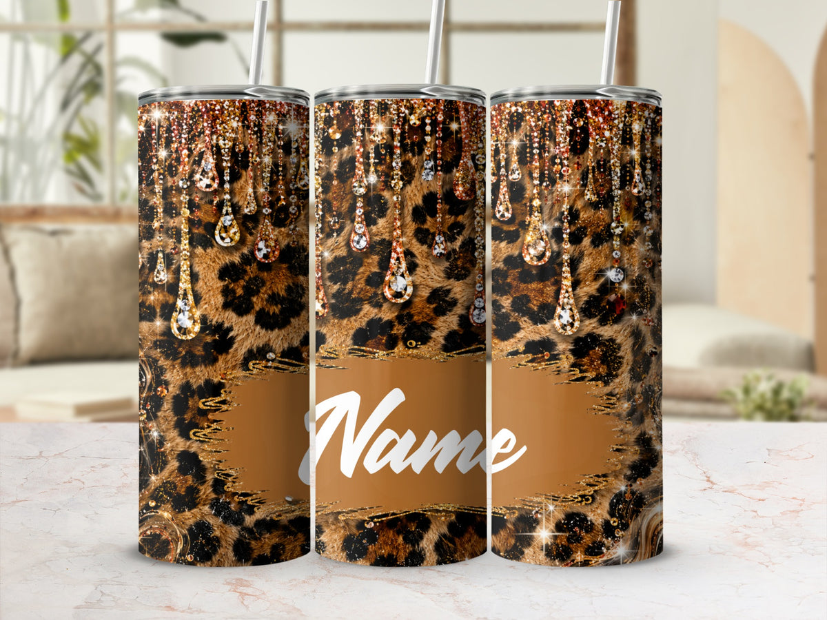 Three leopard print tumblers with dripping gem and glitter accents, featuring "Name" text.