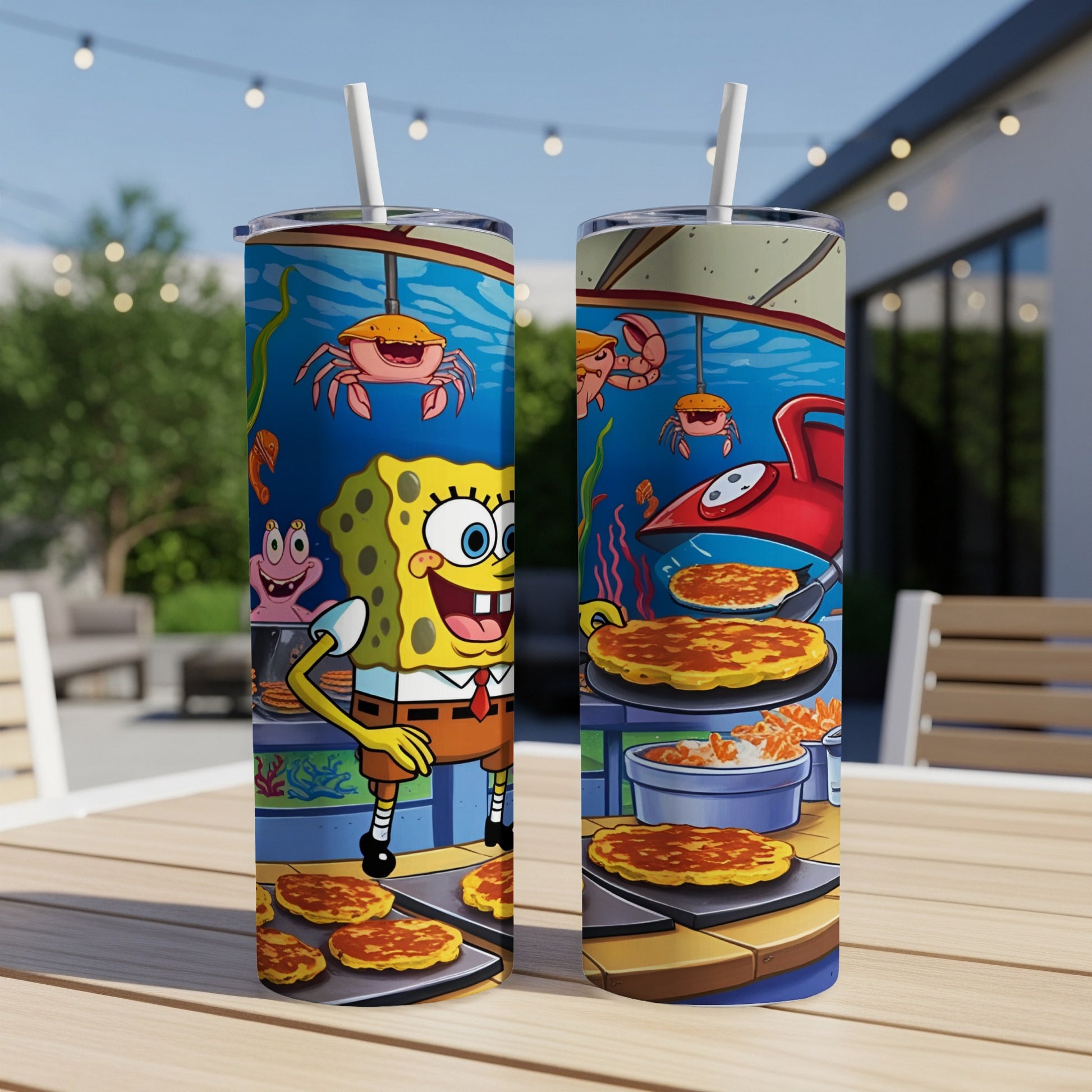 SpongeBob SquarePants character with Krabby Patties on griddle.