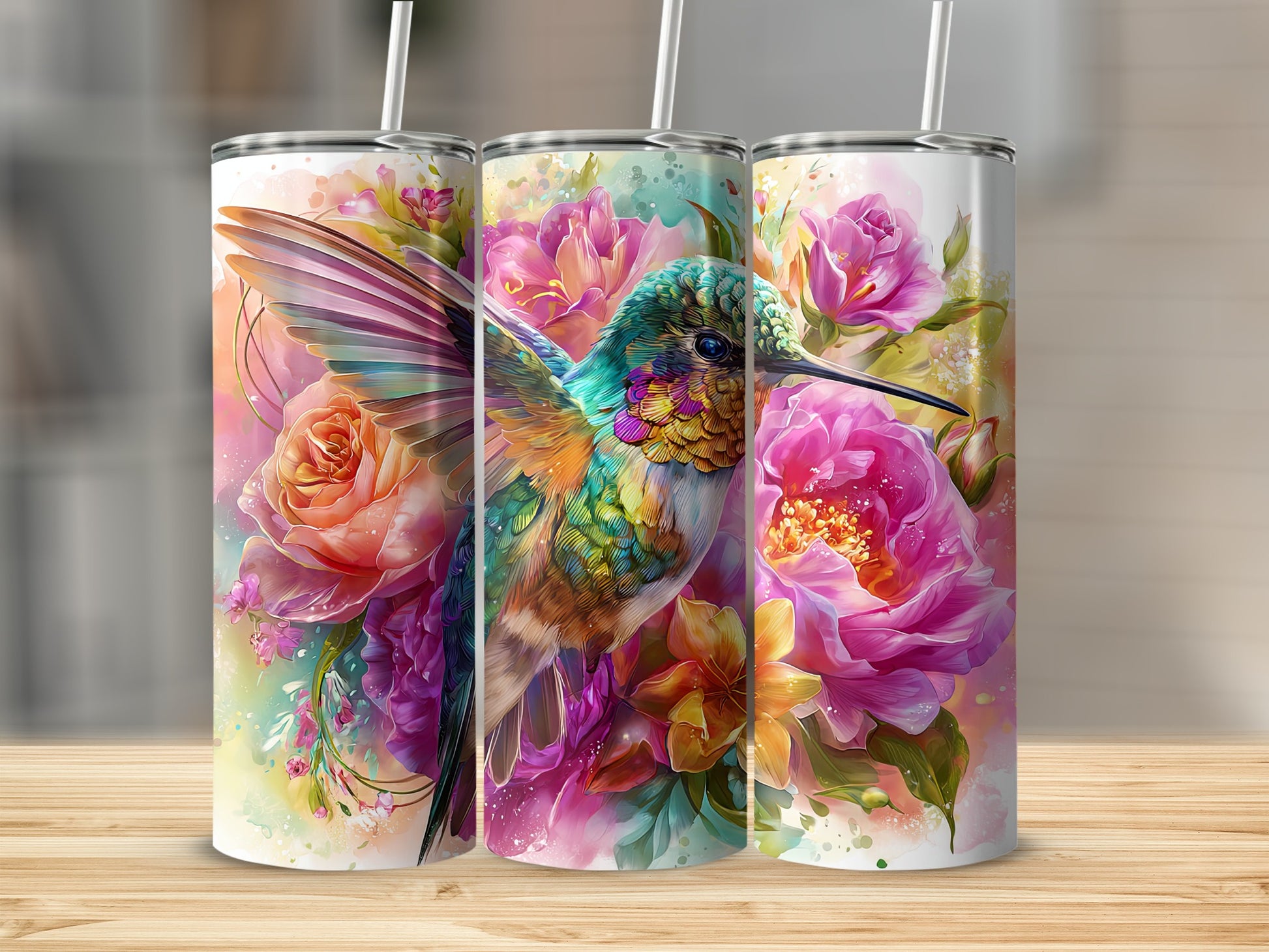 Colorful Hummingbird and Flowers Tumbler Design
