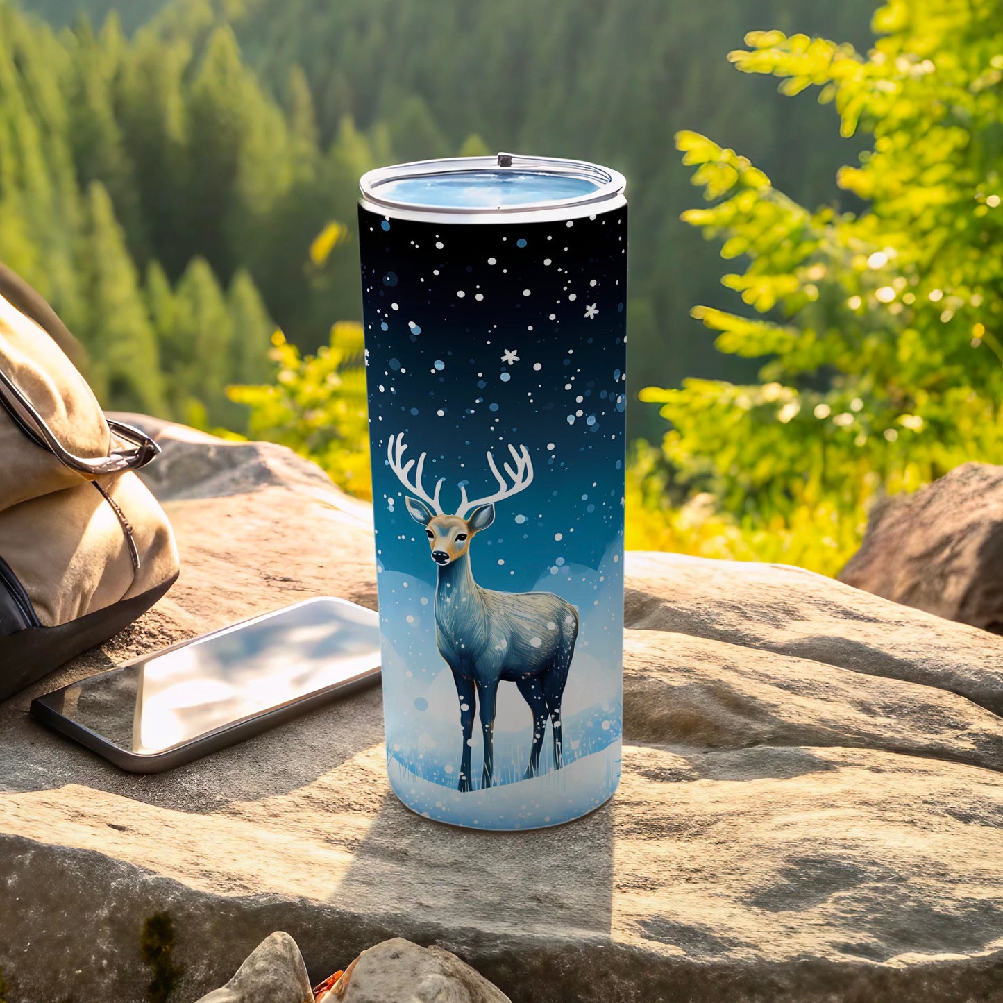 Majestic Forest Deer Tumbler with Snowy Night Scene
