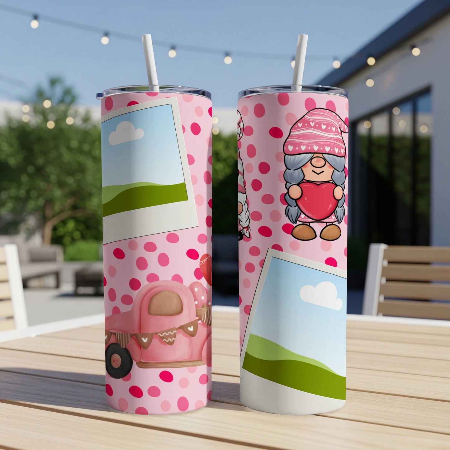 Pink tumblers with polka dots, gnomes holding hearts, and a pink truck design.