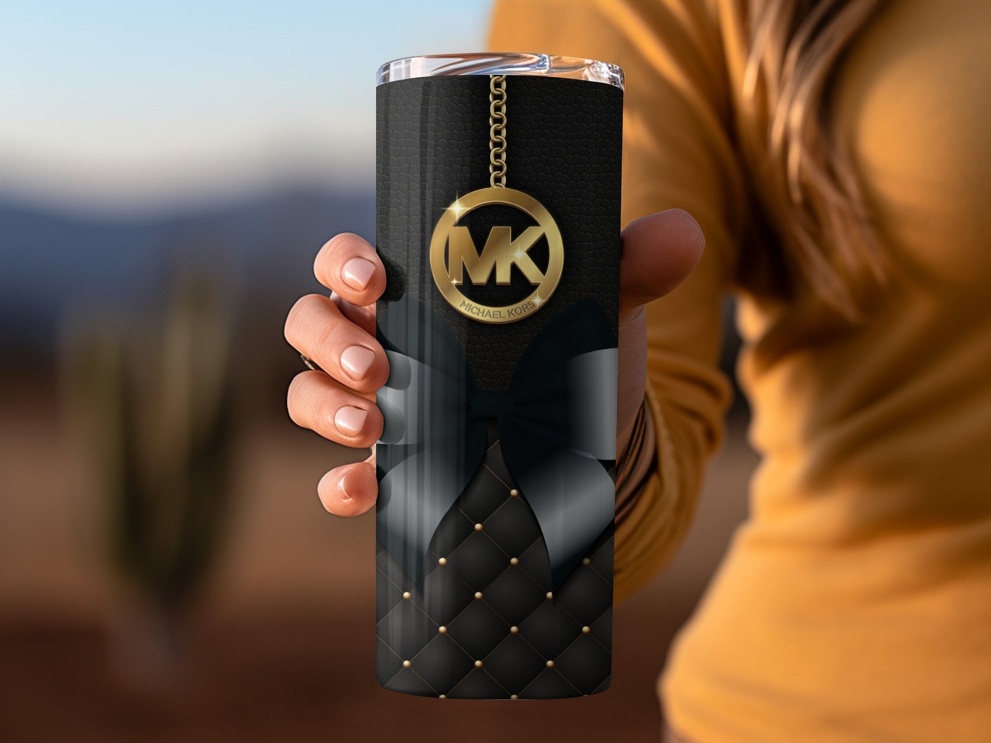 Black and Gold MK Insulated Tumbler with Bow Design