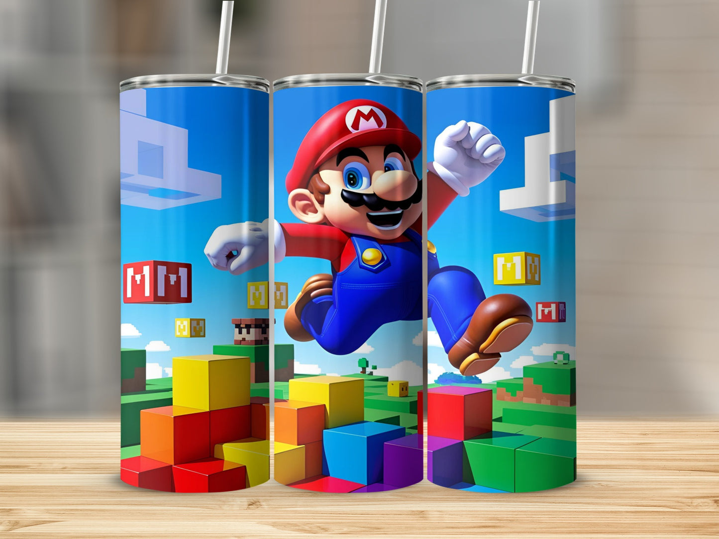 Mario jumping over colorful blocks in a pixelated video game landscape.