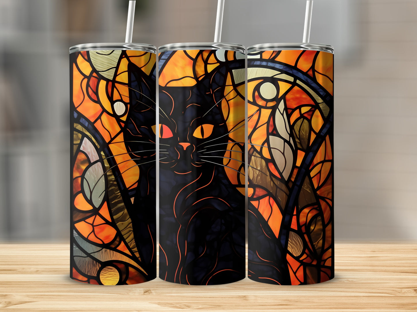 Black cat in stained glass pattern on a tumbler.