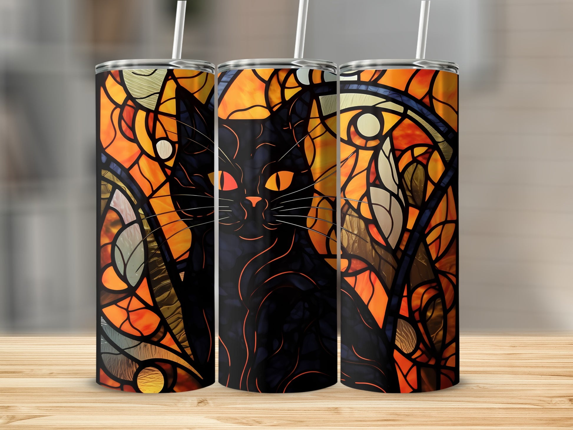 Black cat in stained glass pattern on a tumbler.