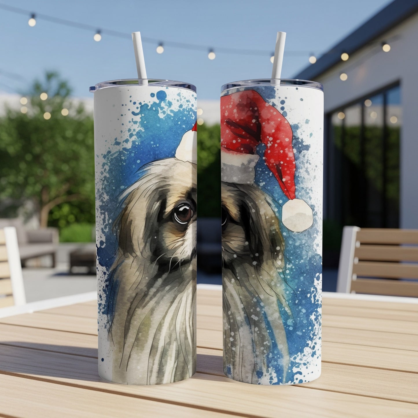Two skinny tumblers with a watercolor Pekingese dog wearing a Santa hat.