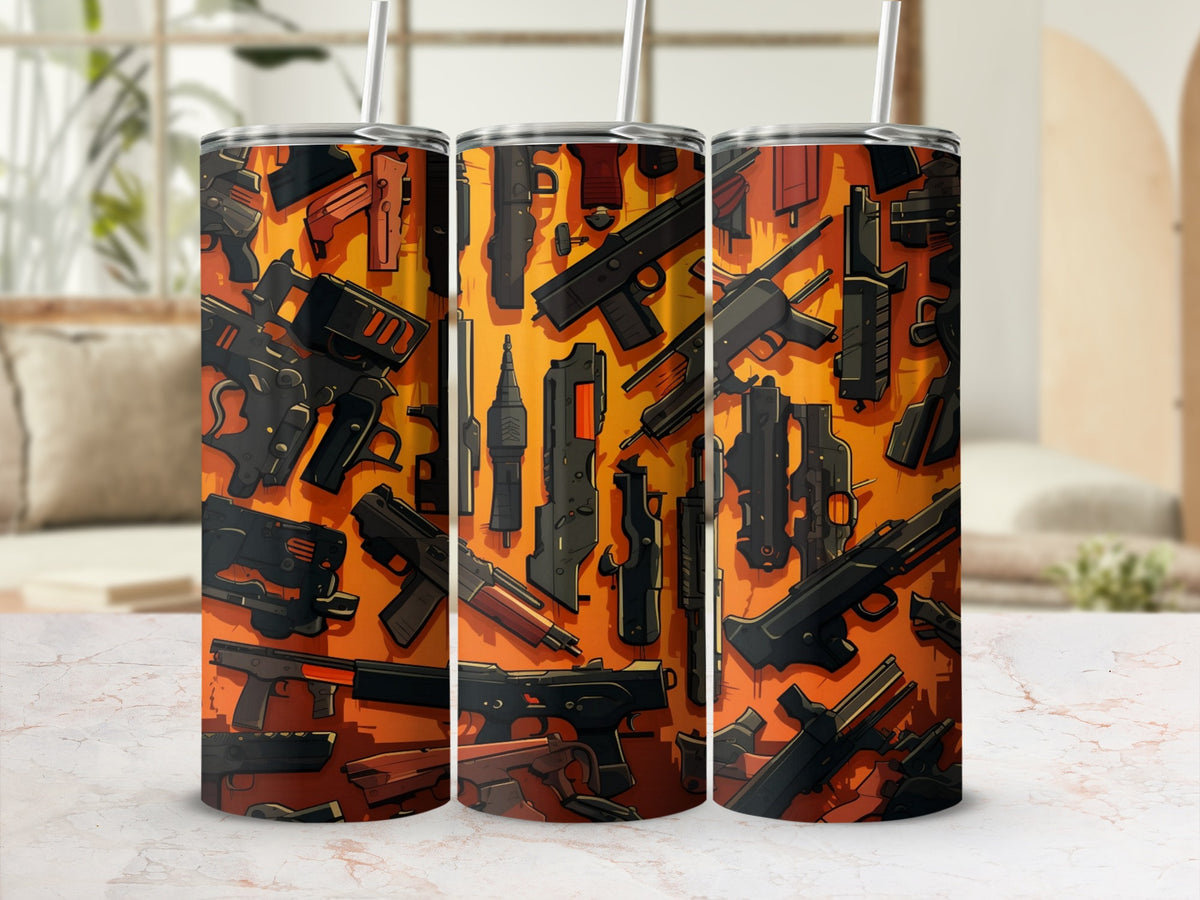Three tumblers with a graphic design of various black and orange firearms.