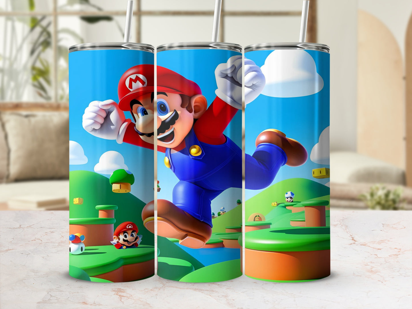Mario jumping through a Super Mario game landscape with question mark blocks.