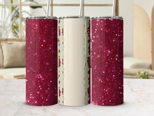 Glittery red tumblers with pale yellow wavy accent on a marble surface.