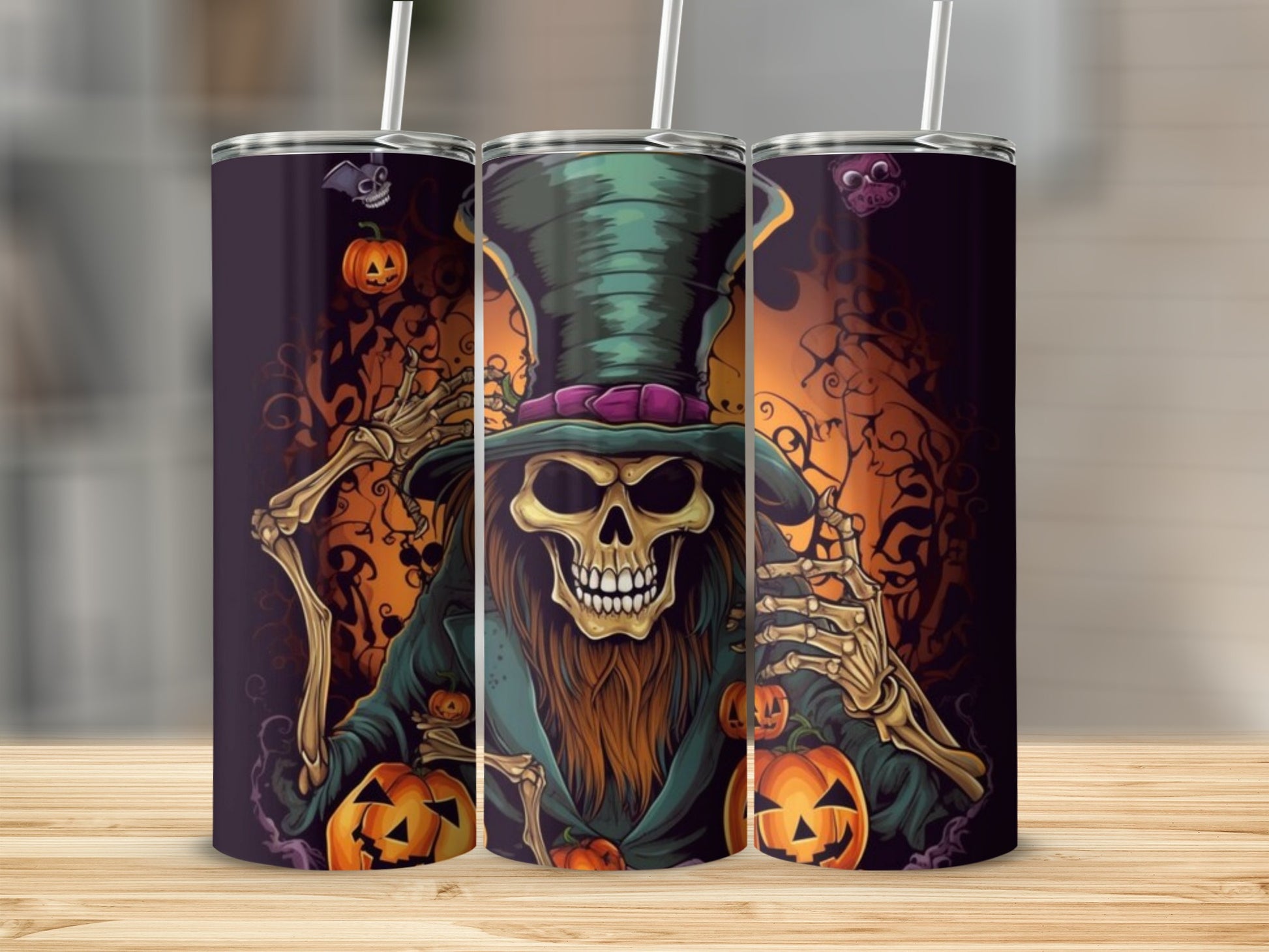Skeleton in a top hat with pumpkins and skulls on a Halloween-themed tumbler.