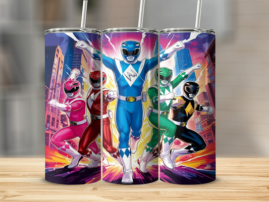 Power Rangers in action poses against a city skyline.