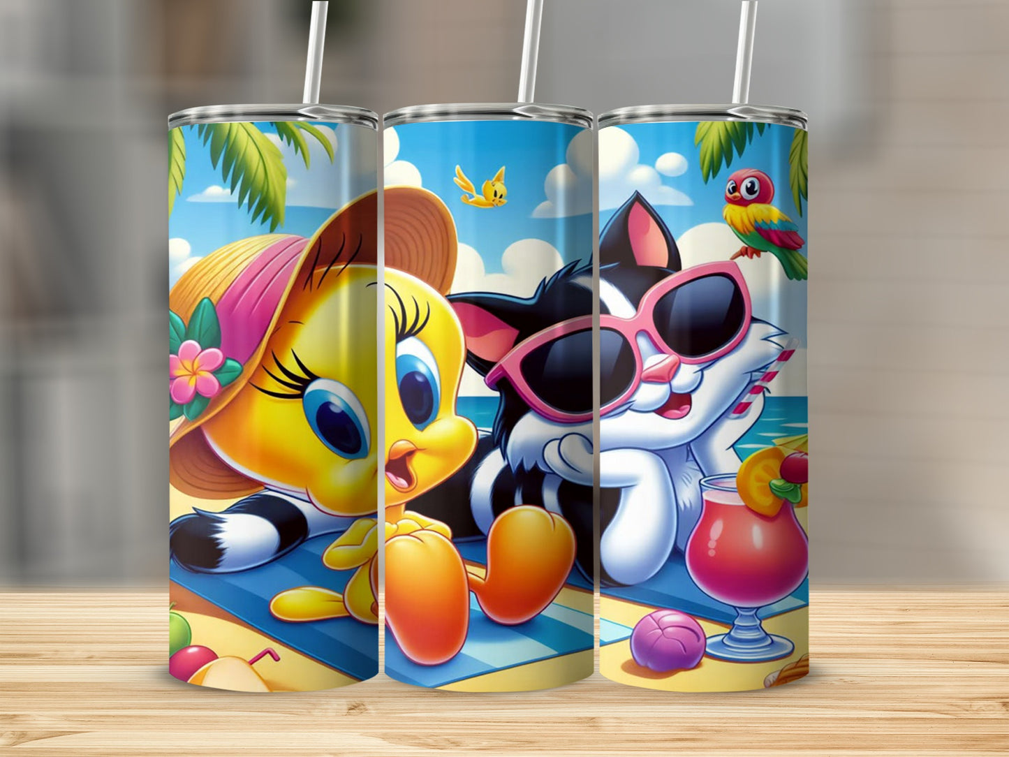Cute Cartoon Characters Summer Beach Scene tumbler