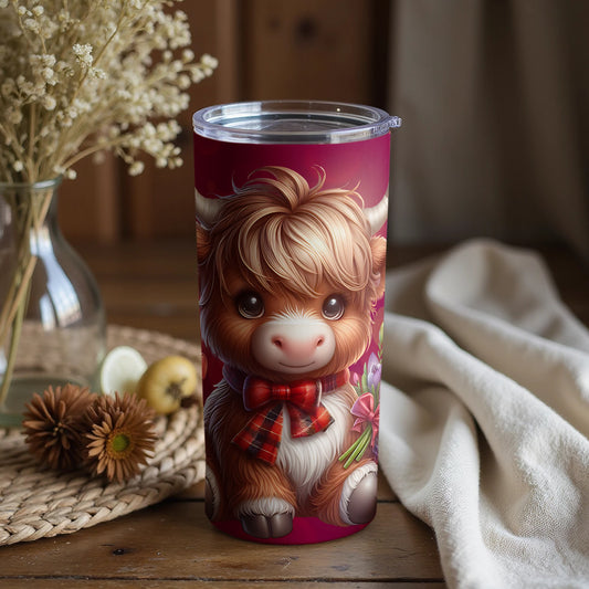 Cute Highland Cow with Bow and Flowers Tumbler