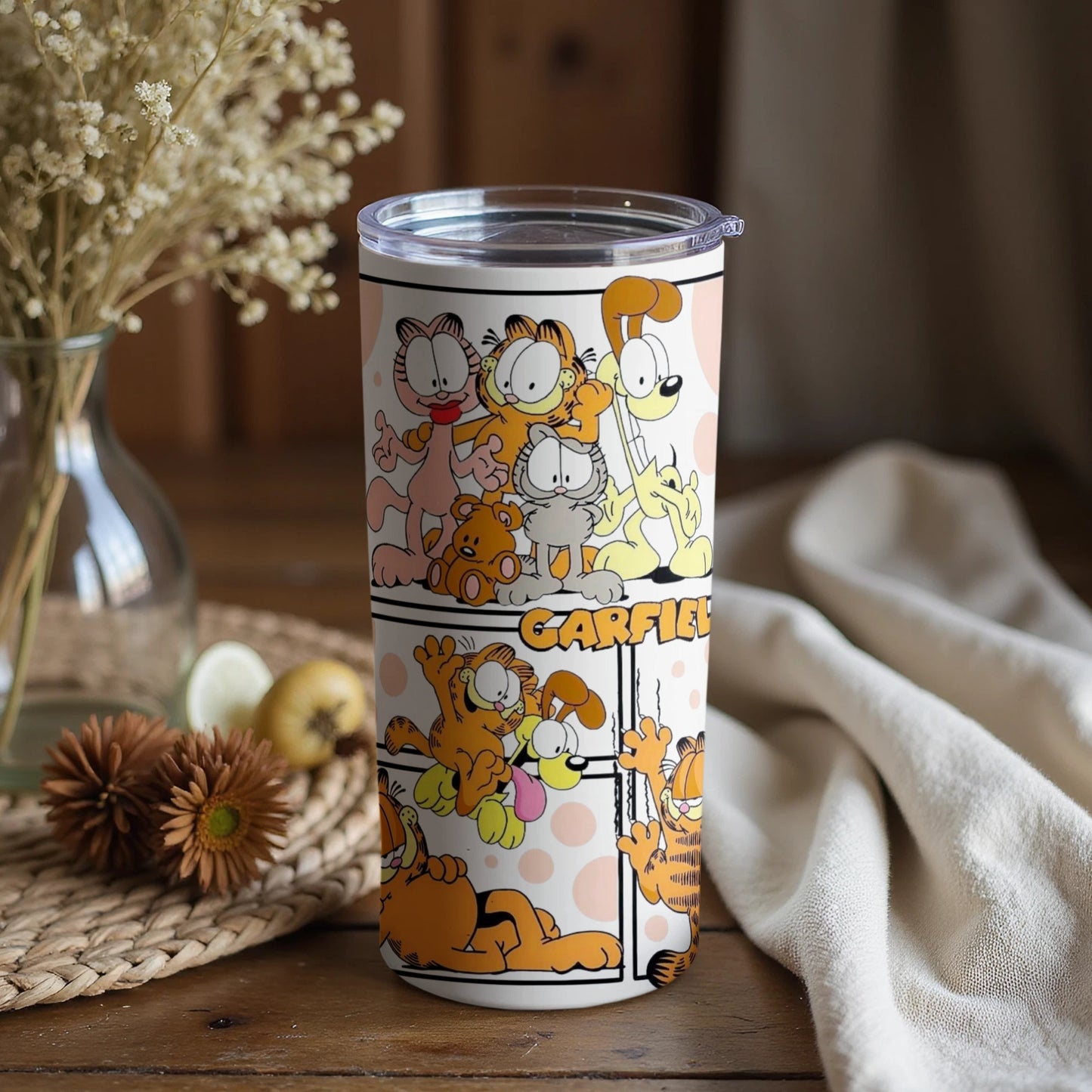 Garfield comic strip themed travel tumbler