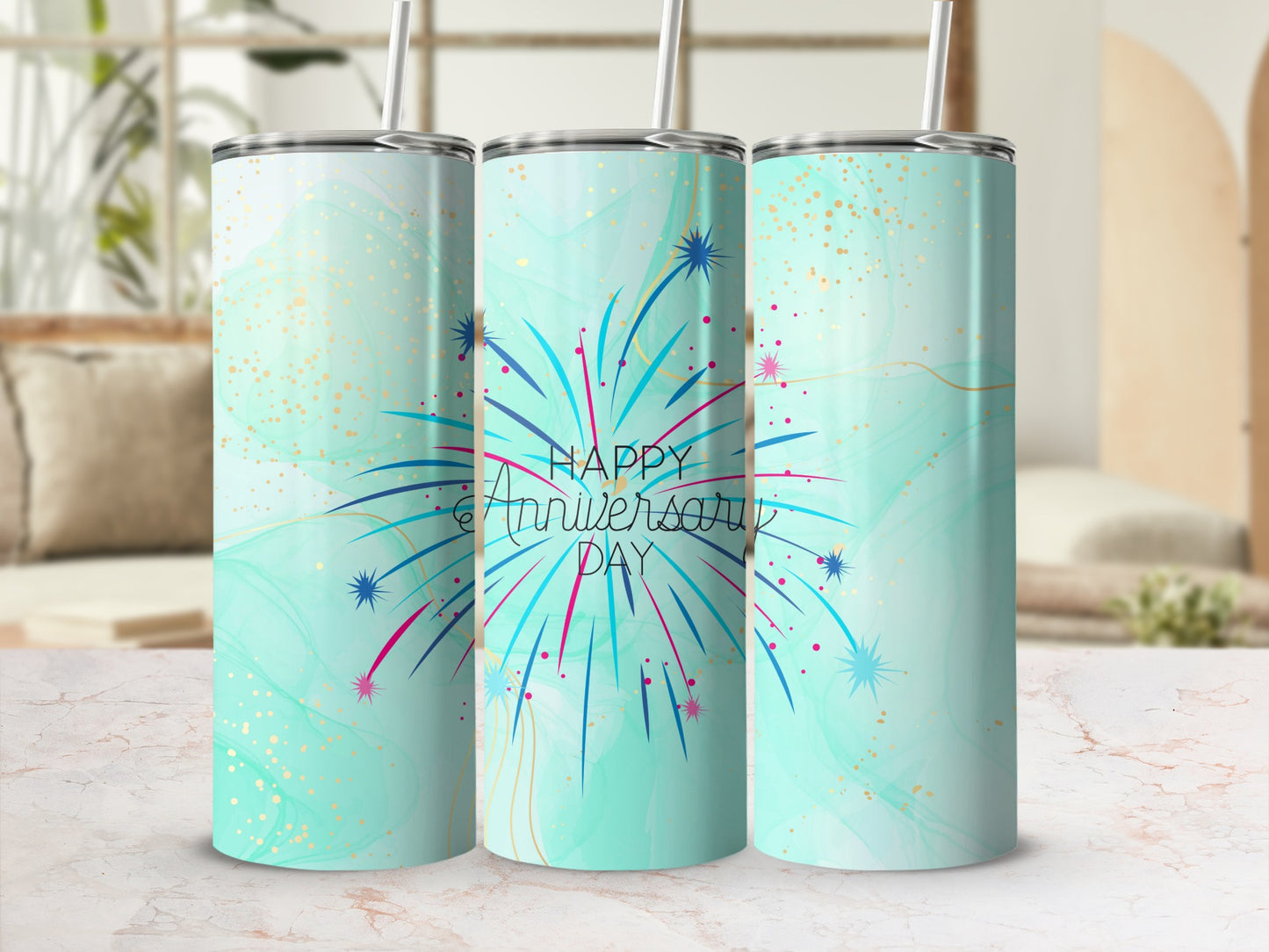 Anniversary tumbler with fireworks and gold accents on mint green background.