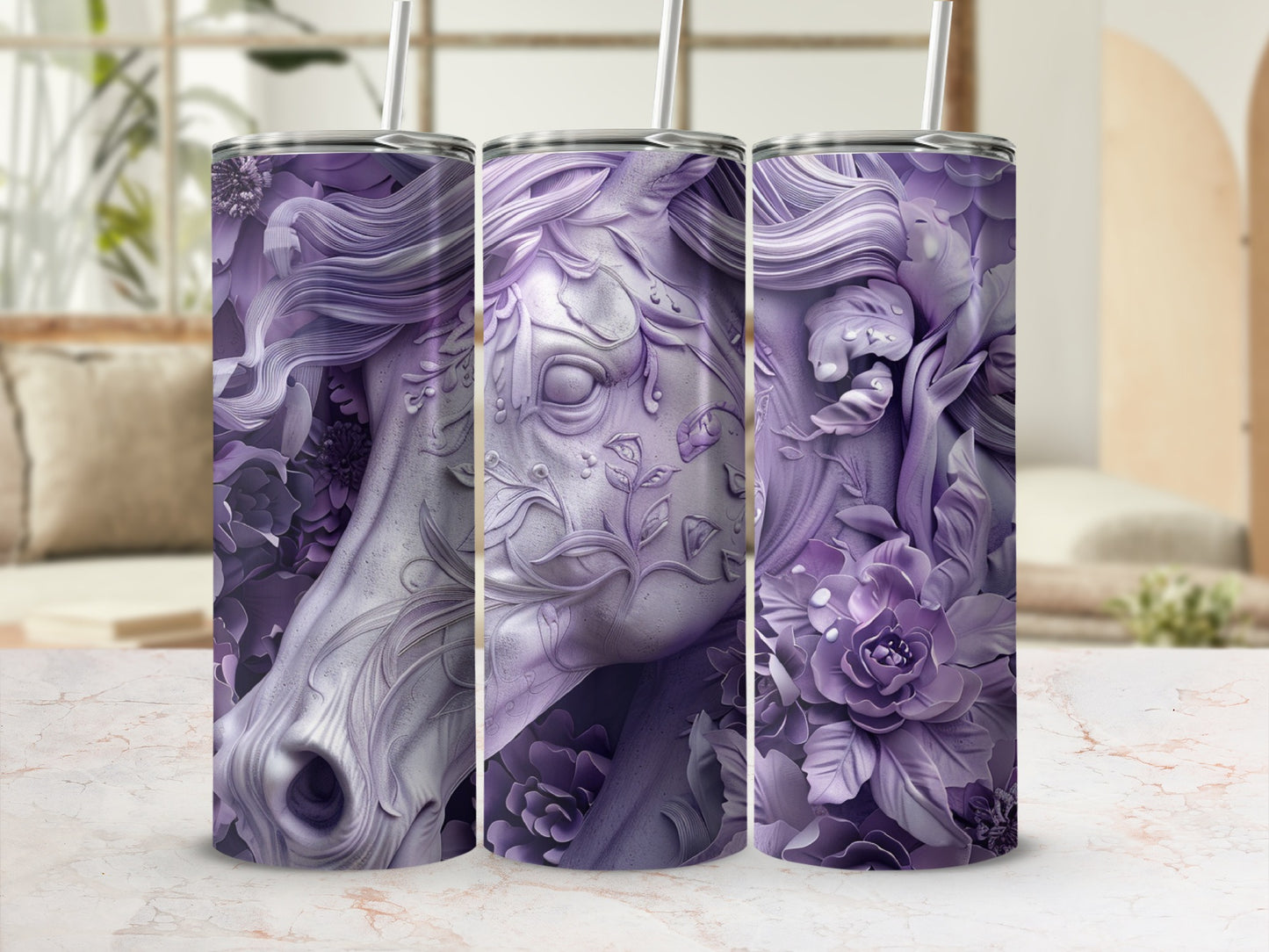 Purple floral horse relief on a tumbler with straw.