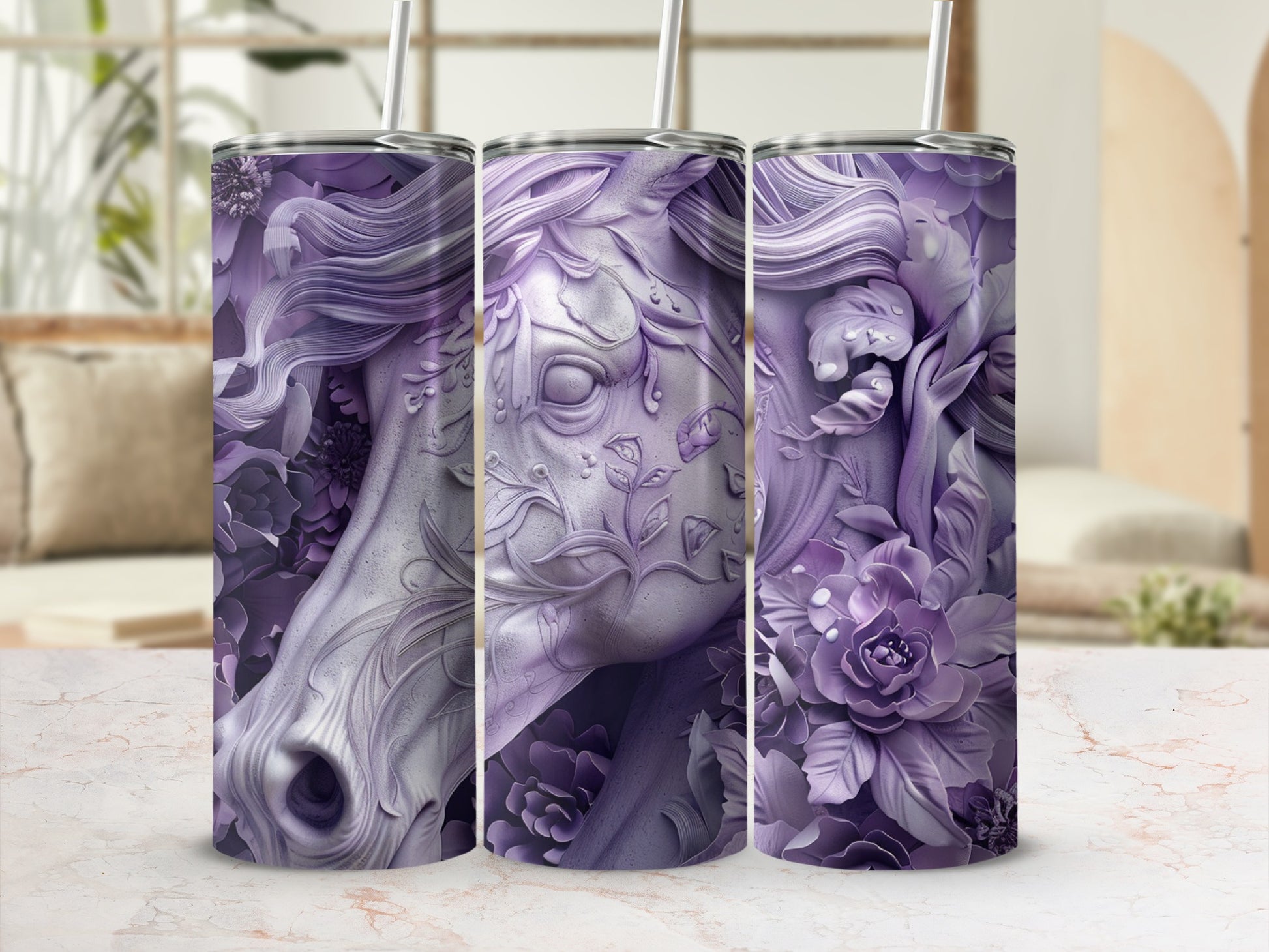 Purple floral horse relief on a tumbler with straw.