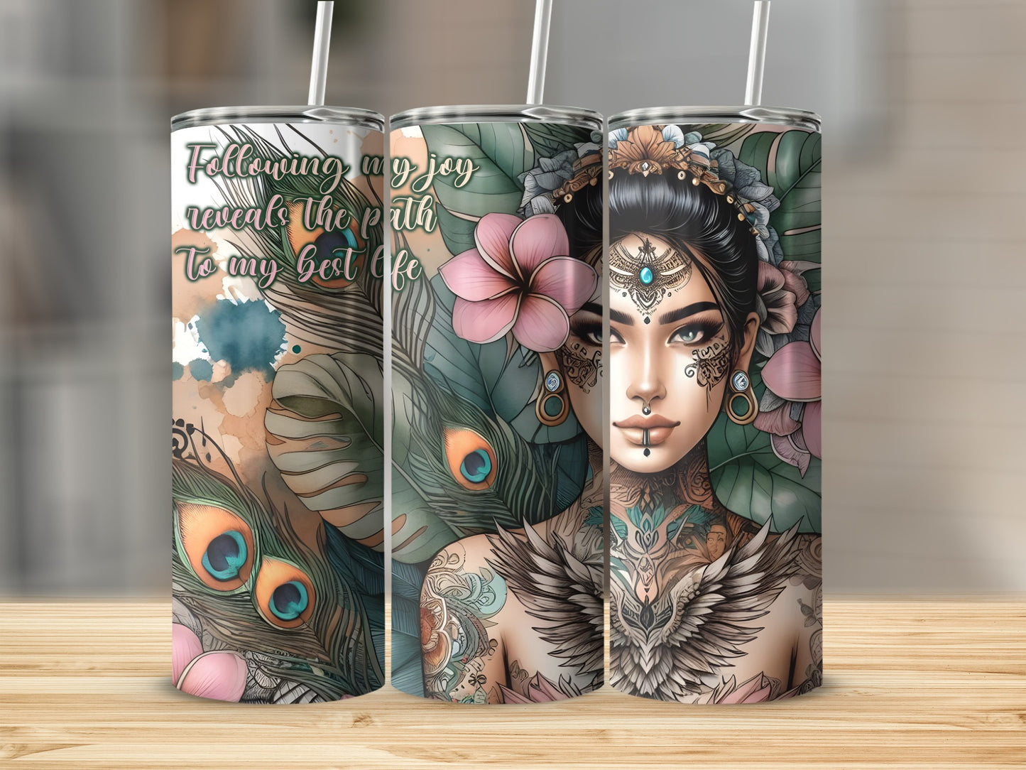 Three tumblers with a tattooed woman and peacock feathers.