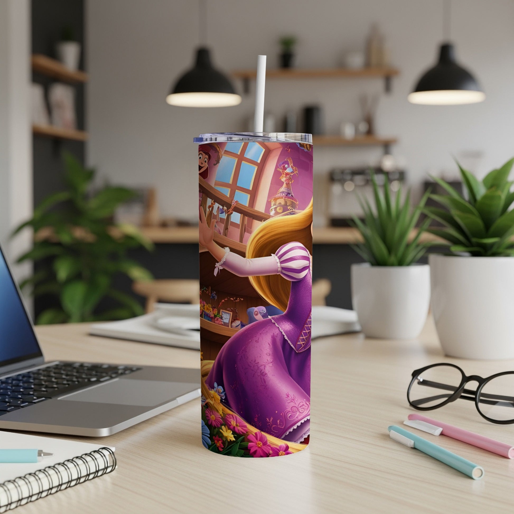 Rapunzel in a purple dress on a tumbler, leaning on a desk with laptop.