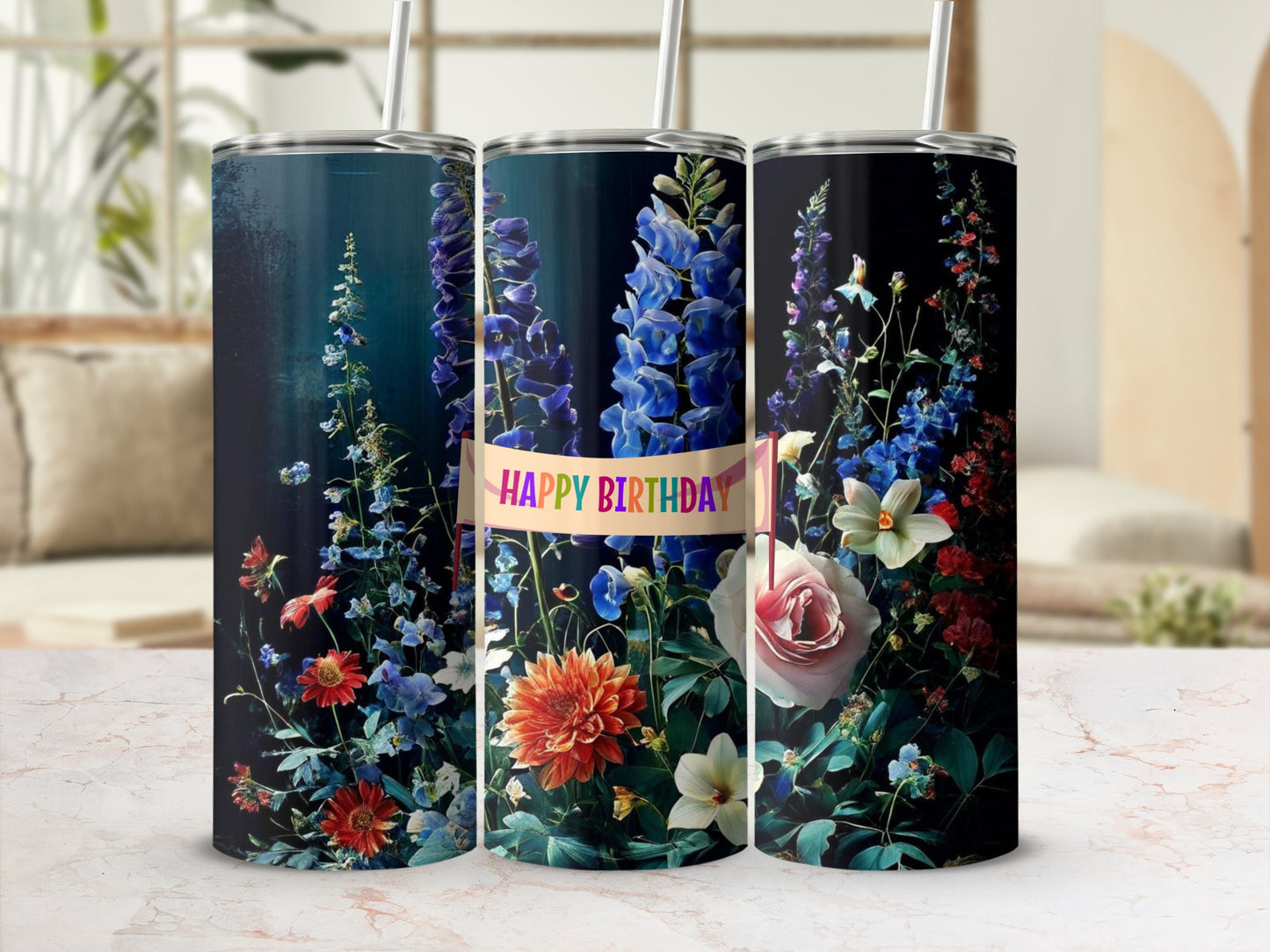 Tumbler with floral design and "Happy Birthday" text.