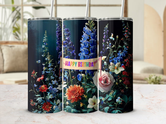 Tumbler with floral design and "Happy Birthday" text.