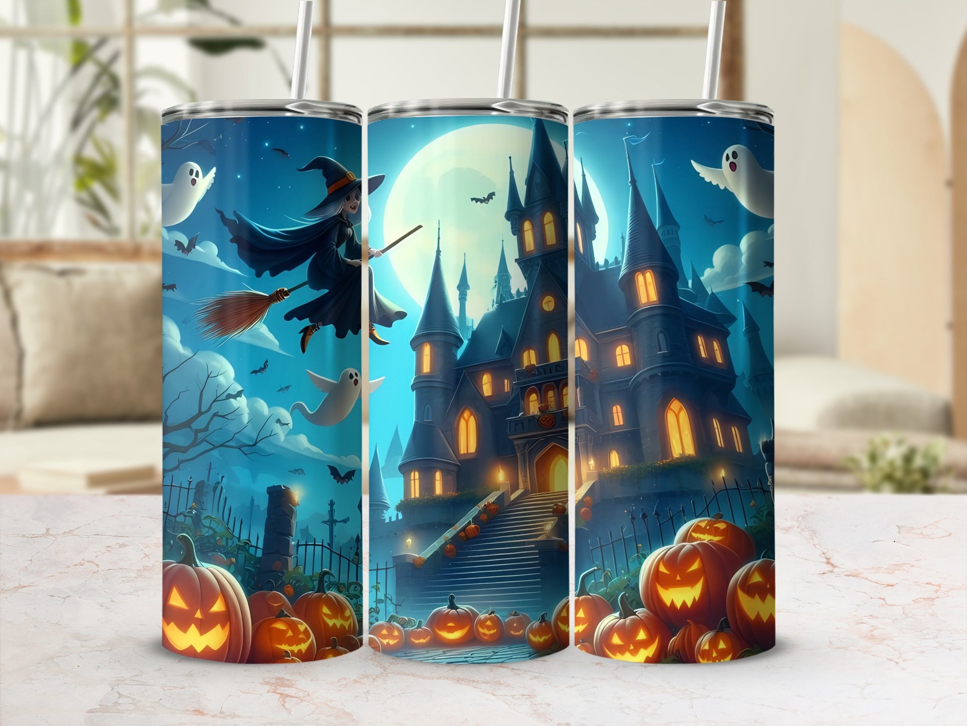 Halloween tumblers with a witch, haunted castle, ghosts, bats, and jack-o'-lanterns.