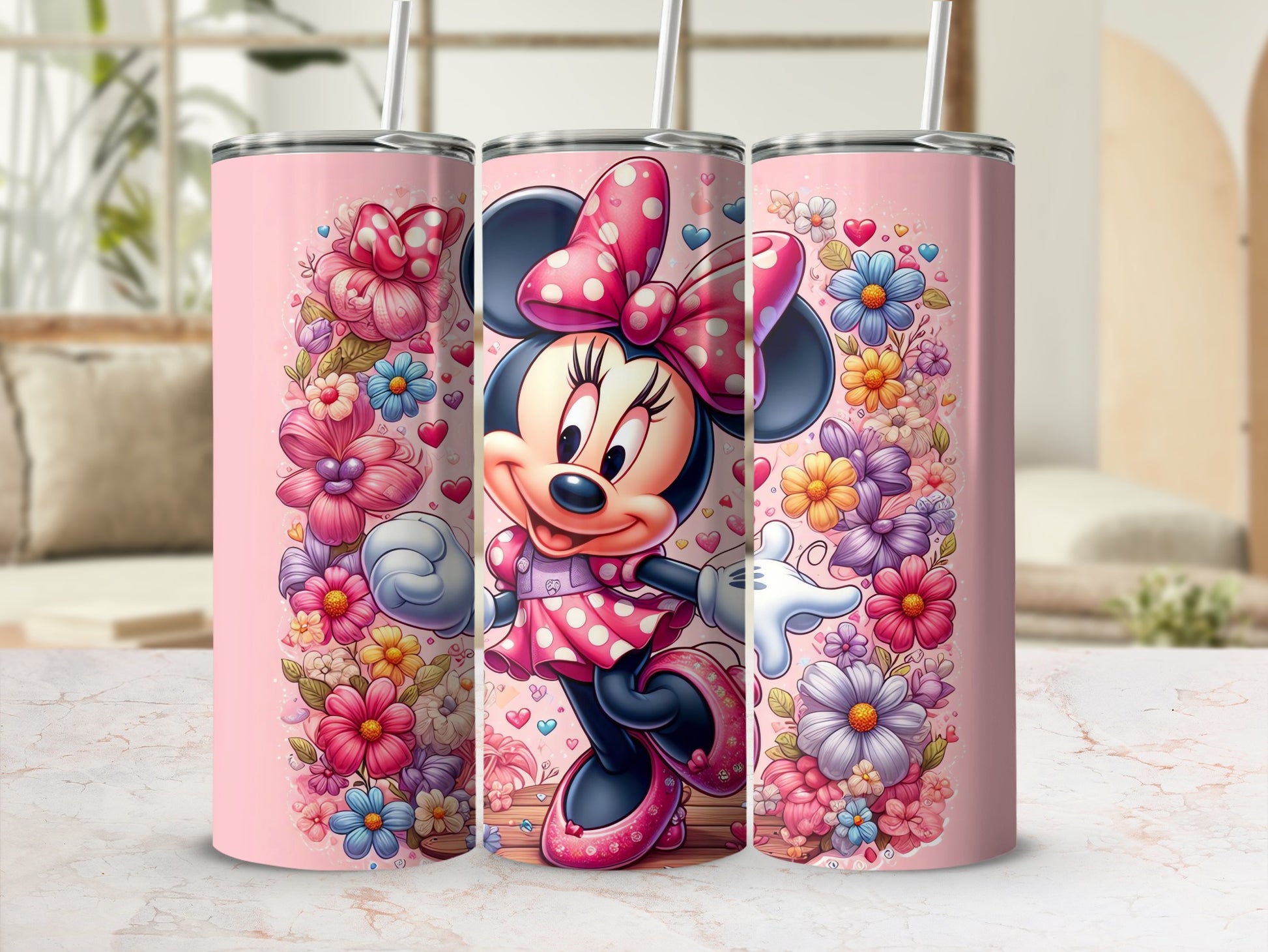Cute Minnie Mouse Tumbler with Floral Design