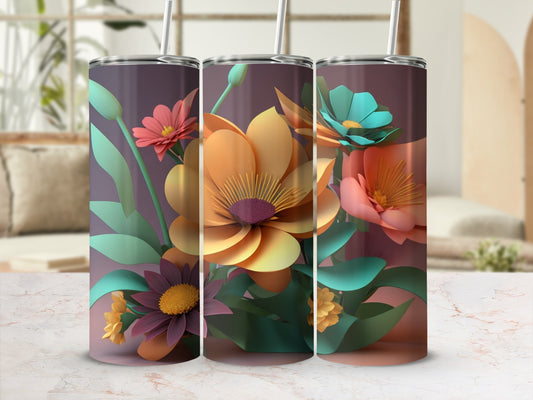 Three tumblers with floral designs of orange, pink, and teal flowers.