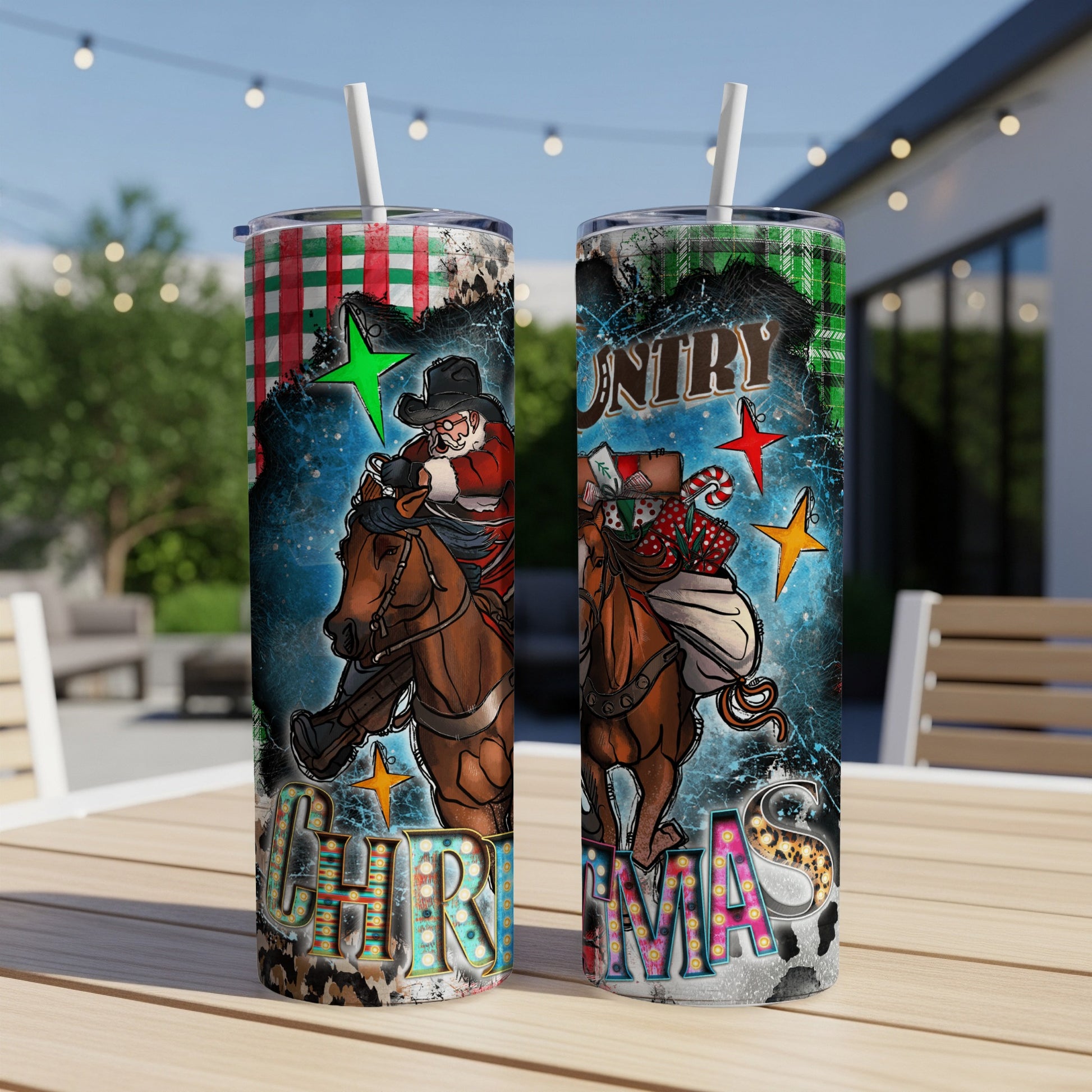 Santa Claus rides a horse on a tumbler with "Merry Christmas" text.