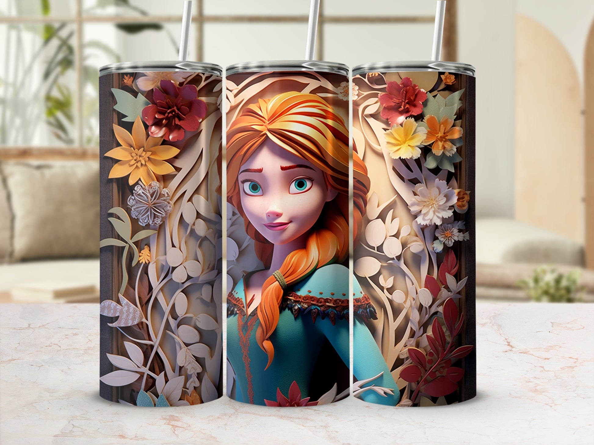 Intricate Floral Cartoon Character Art Tumbler