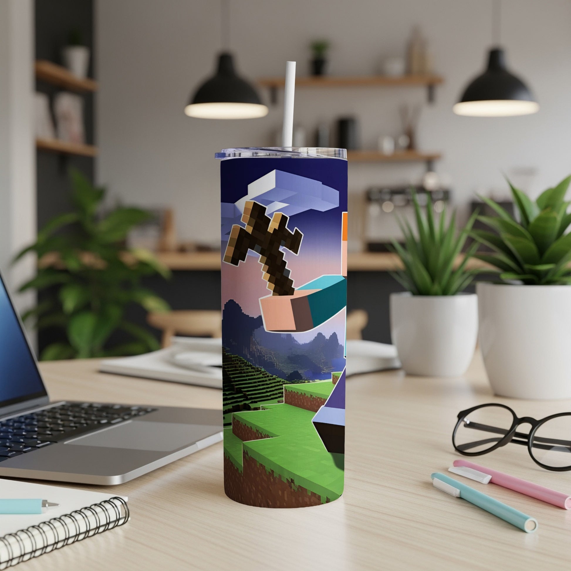 Minecraft diamond pickaxe on a tumbler cup in a home office setting.