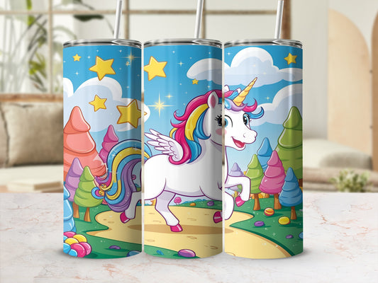 White unicorn with rainbow mane and tail running through colorful trees.