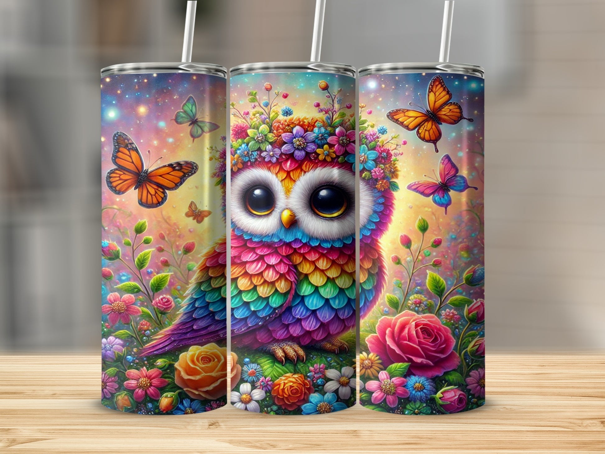 Colorful Owl with Butterflies and Flowers Tumbler