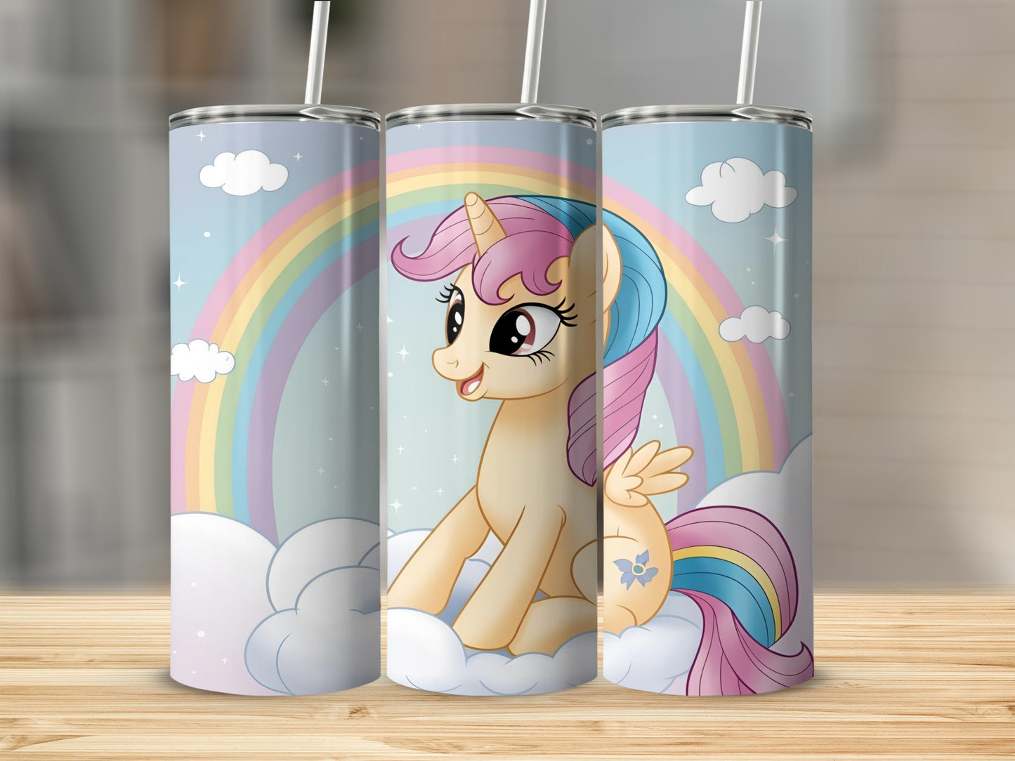 Cartoon unicorn with rainbow and clouds on a tumbler.