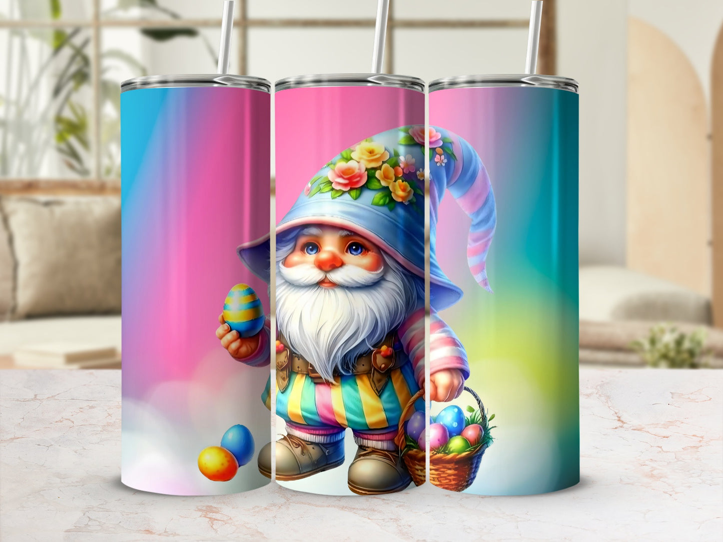 Colorful Gnome with Easter Eggs Design Tumbler Cup